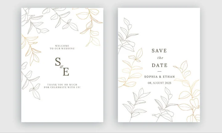 Schöne gedruckte Hochzeitseinladungskarten auf hellem Hintergrund