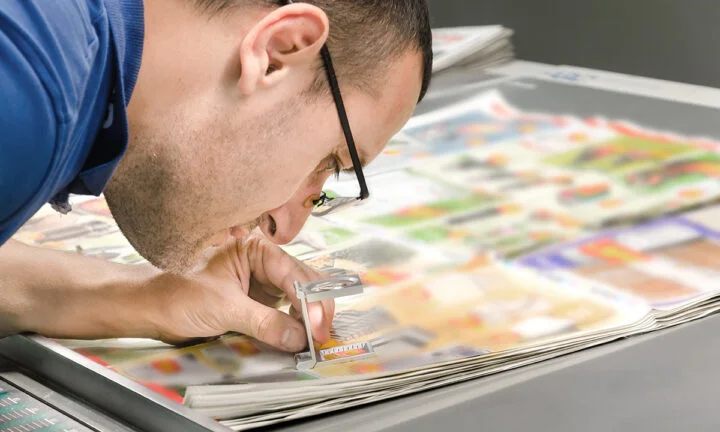 Drucktechniker überprüft in der Druckvorstufe die Qualität